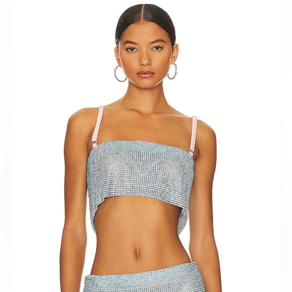 Poster Girl Gracie Crop Top Mix Blue Pearl metal chainmail mesh Revolve NWT